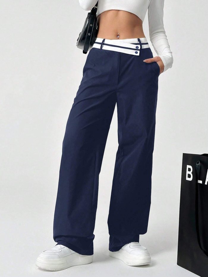 SHEIN EZwear Women Color Block Asymmetrical Waist Casual Straight Pants With Pockets