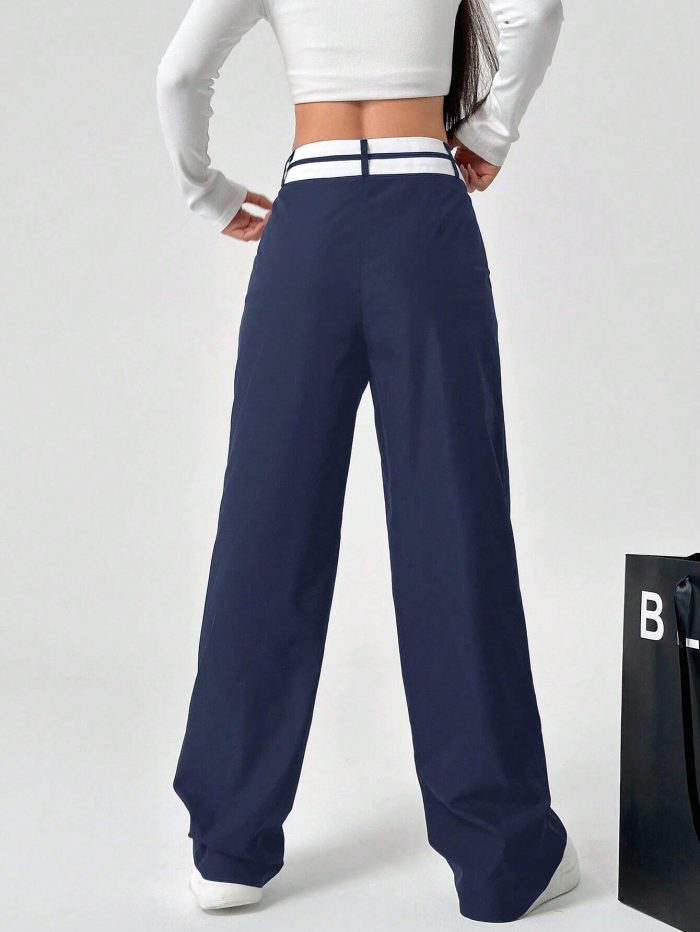 SHEIN EZwear Women Color Block Asymmetrical Waist Casual Straight Pants With Pockets - Image 2