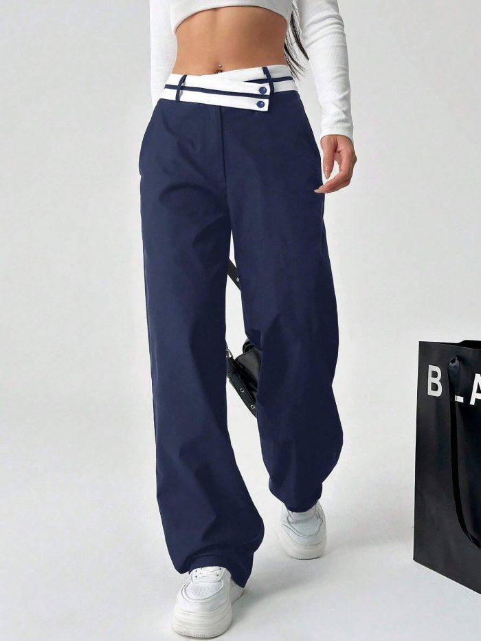 SHEIN EZwear Women Color Block Asymmetrical Waist Casual Straight Pants With Pockets - Image 5