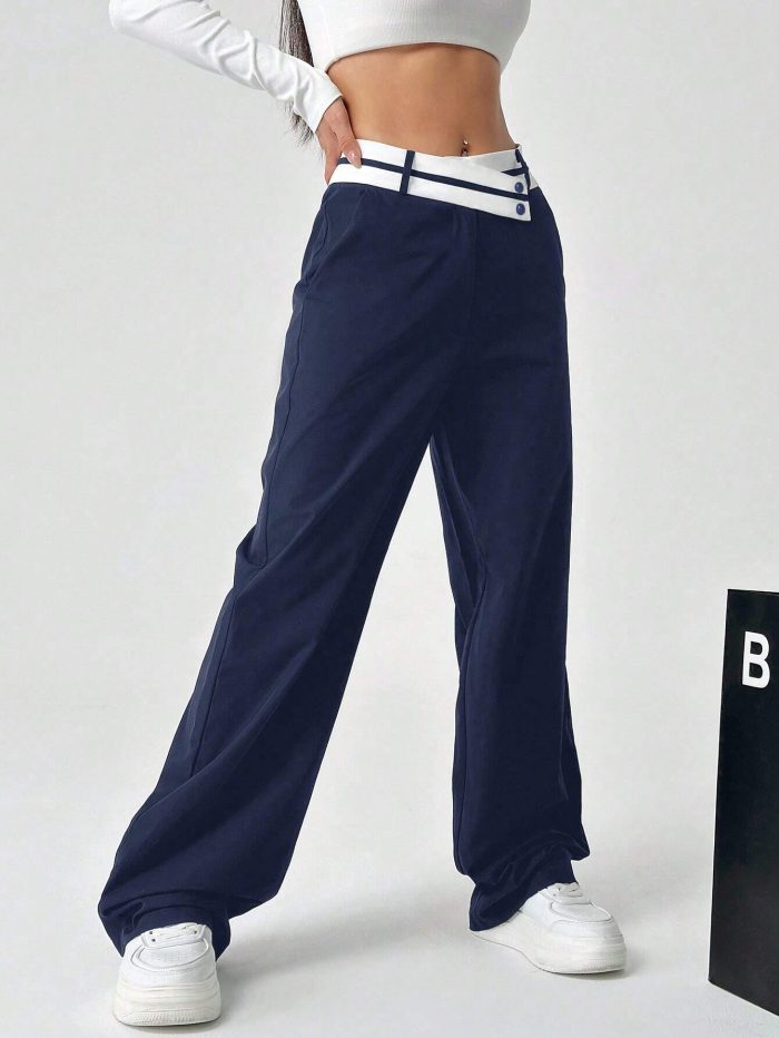SHEIN EZwear Women Color Block Asymmetrical Waist Casual Straight Pants With Pockets - Image 6