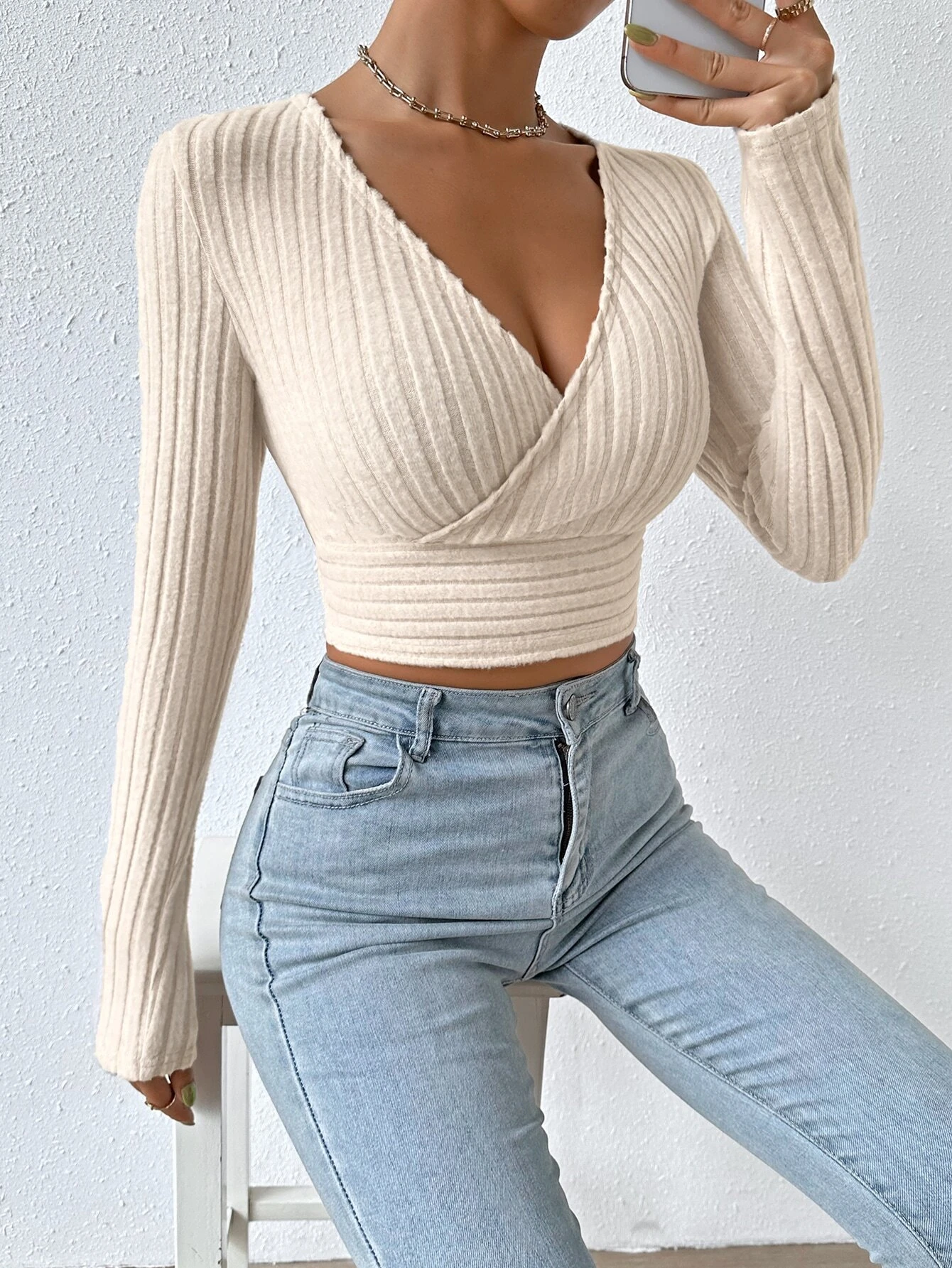SHEIN Essnce Surplice Neck Ribbed Knit Crop Tee
