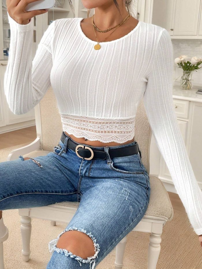 SHEIN Frenchy Women Fall Winter Black Lace Patchwork Tight Fitted