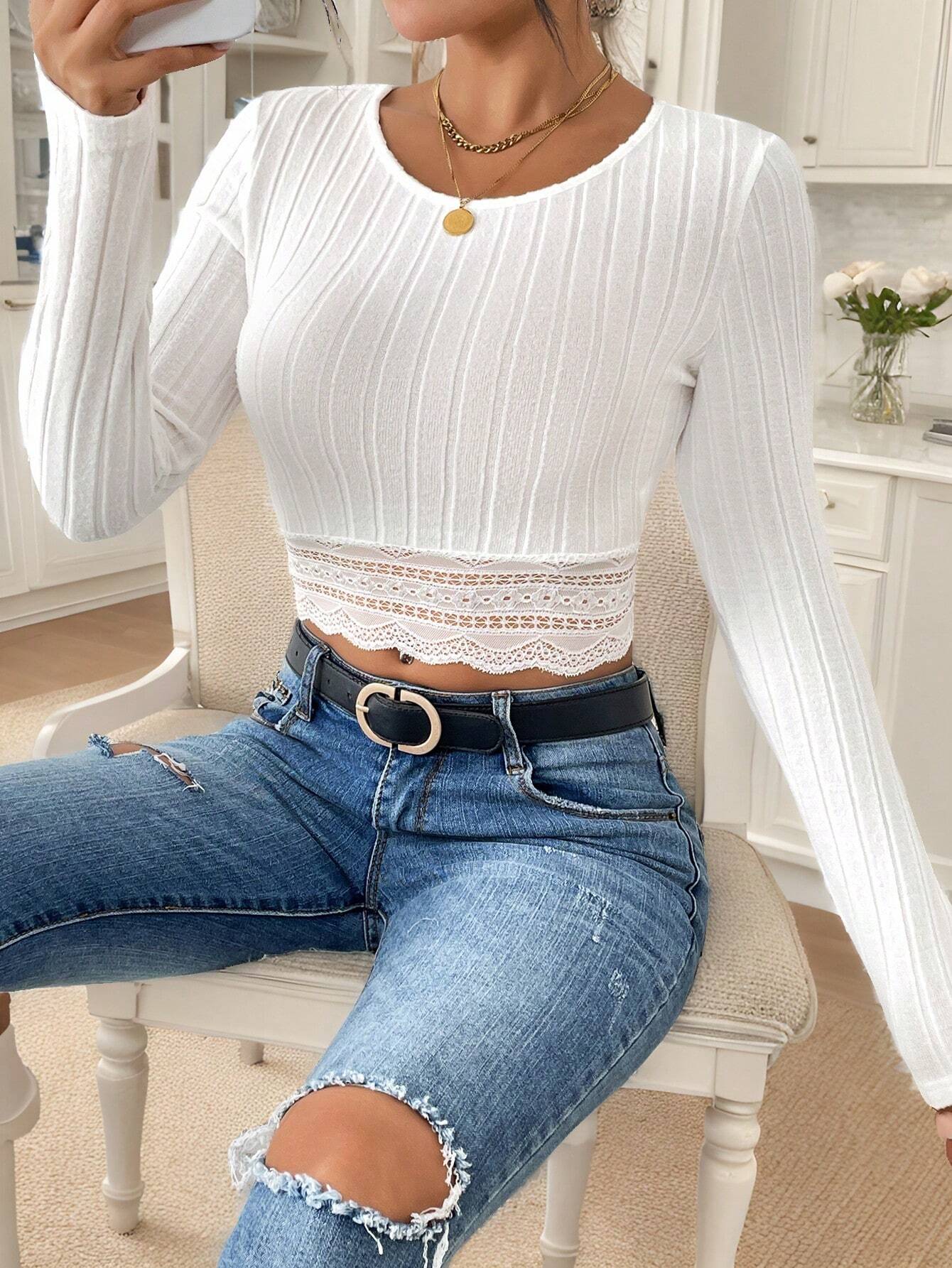 SHEIN Frenchy Women Fall Winter Black Lace Patchwork Tight Fitted