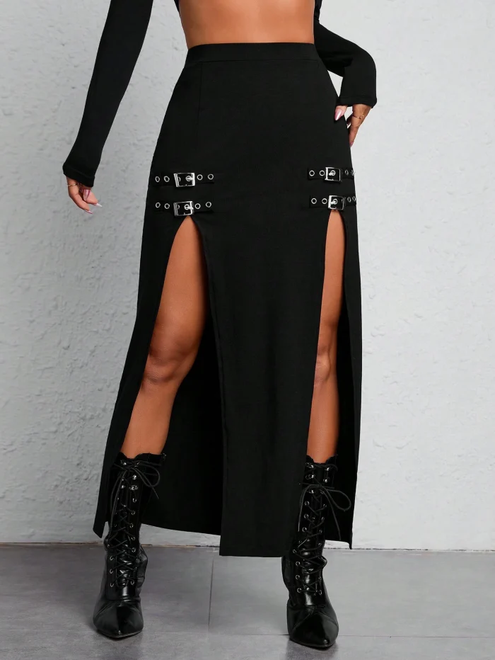 SHEIN PETITE Buckle Detail Split Thigh Summer Women Black Skirt