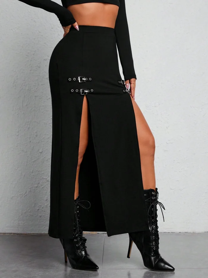 SHEIN PETITE Buckle Detail Split Thigh Summer Women Black Skirt - Image 3