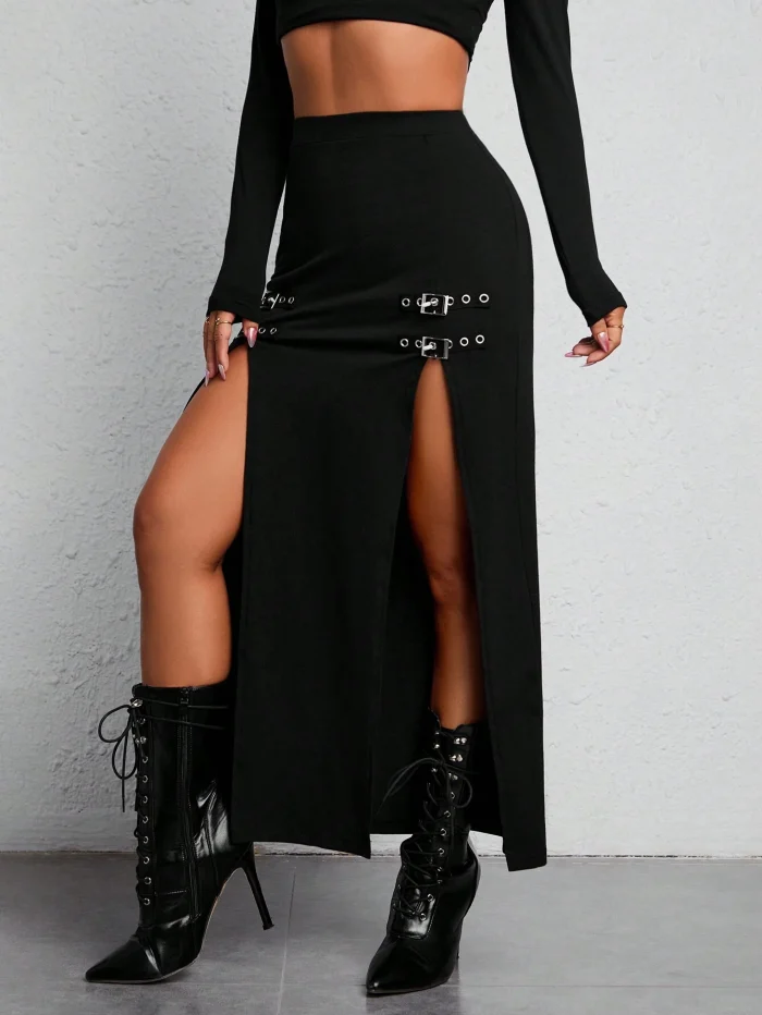 SHEIN PETITE Buckle Detail Split Thigh Summer Women Black Skirt - Image 5