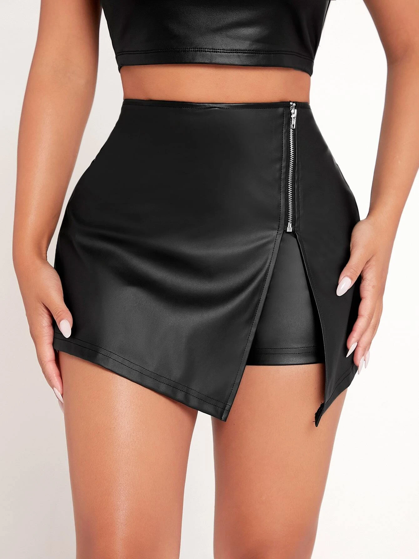 SHEIN PETITE High Waist Zip Front PU Leather Party Women Skort