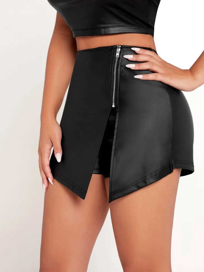 SHEIN PETITE High Waist Zip Front PU Leather Party Women Skort - Image 3