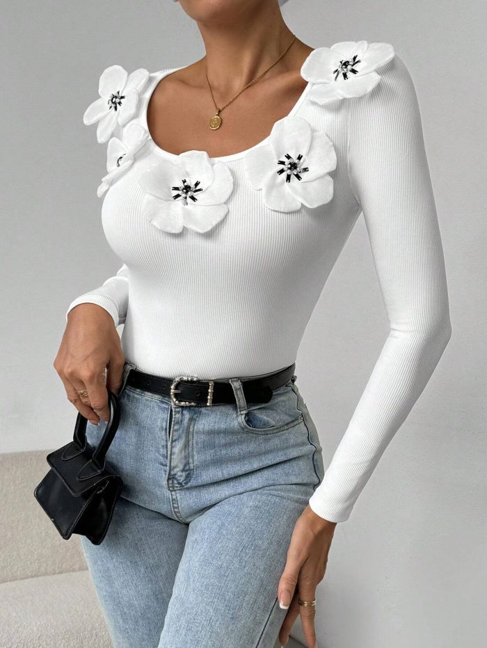 SHEIN Privé Women's Floral Decorated Minimalist Daily Wear Long Sleeve T-Shirt