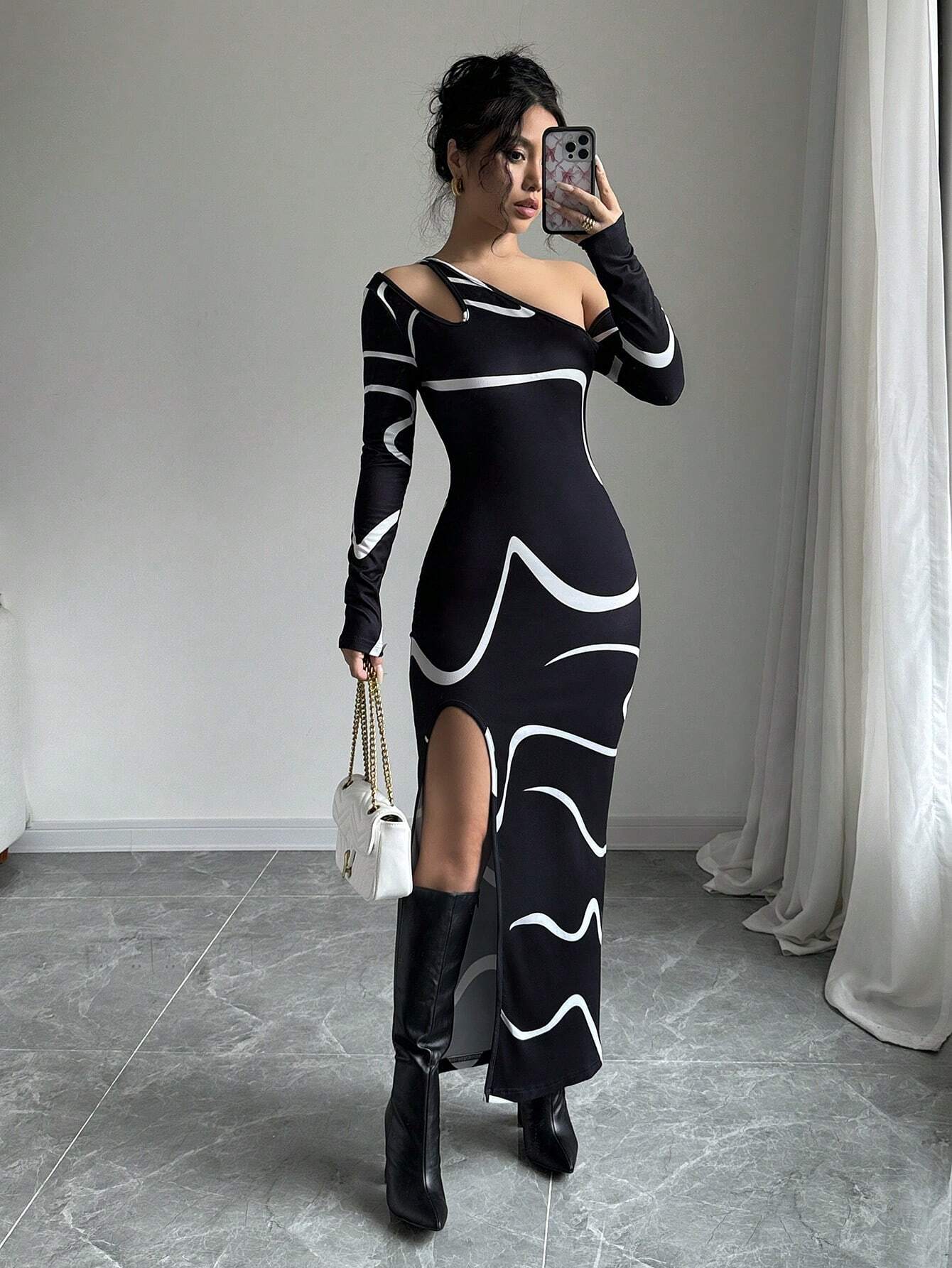 SHEIN Privé Women's Off Shoulder Fitted Elegant Abstract Graffiti Print Asymmetric Long Sleeve Split Hem Dress