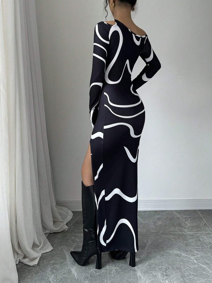 SHEIN Privé Women's Off Shoulder Fitted Elegant Abstract Graffiti Print Asymmetric Long Sleeve Split Hem Dress - Image 2
