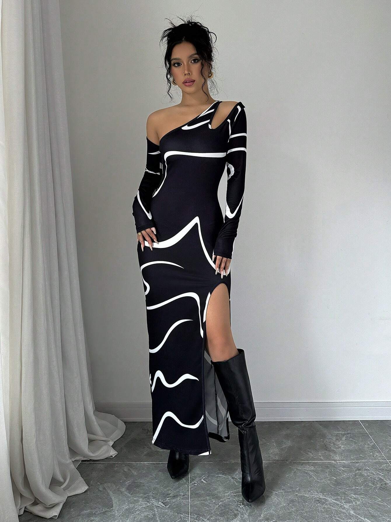 SHEIN Privé Women's Off Shoulder Fitted Elegant Abstract Graffiti Print Asymmetric Long Sleeve Split Hem Dress - Image 3