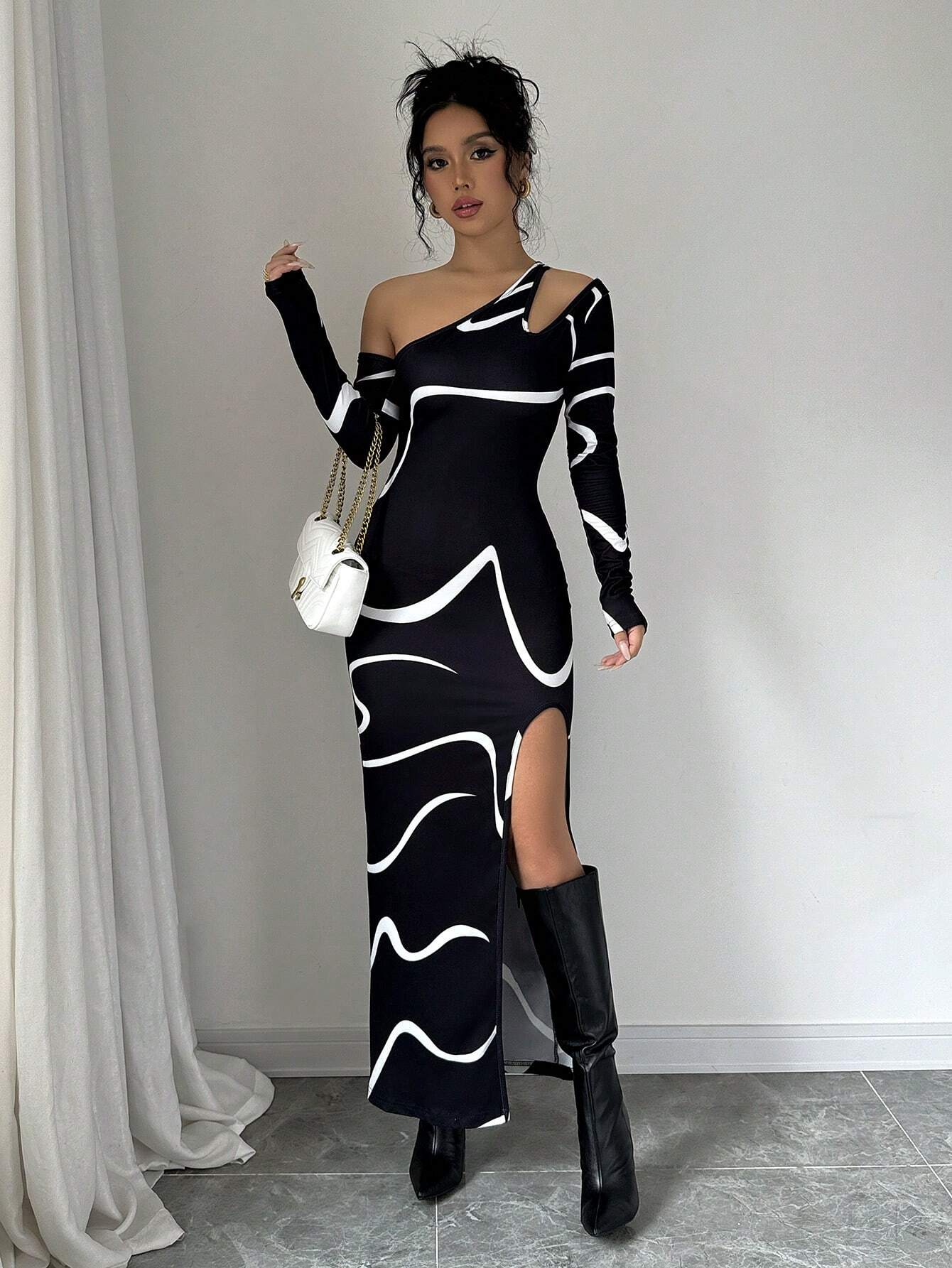 SHEIN Privé Women's Off Shoulder Fitted Elegant Abstract Graffiti Print Asymmetric Long Sleeve Split Hem Dress - Image 4