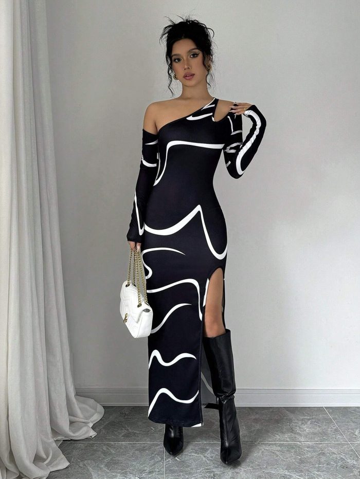 SHEIN Privé Women's Off Shoulder Fitted Elegant Abstract Graffiti Print Asymmetric Long Sleeve Split Hem Dress - Image 5