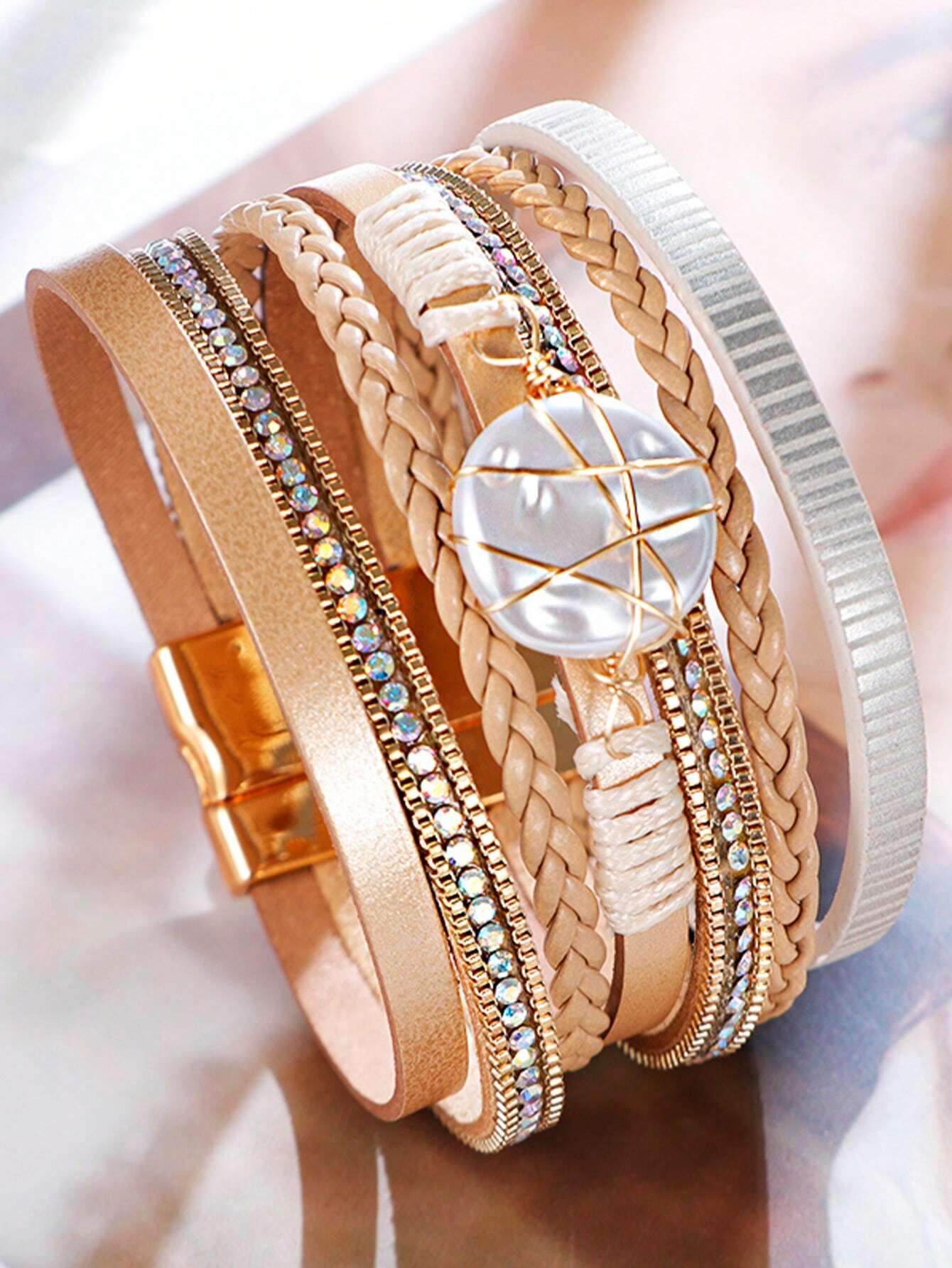 1pc European & American Style Zinc Alloy & PU Leather Handmade Braided Khaki Bracelet