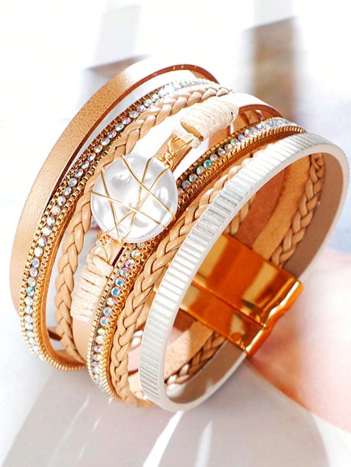 1pc European & American Style Zinc Alloy & PU Leather Handmade Braided Khaki Bracelet - Image 2