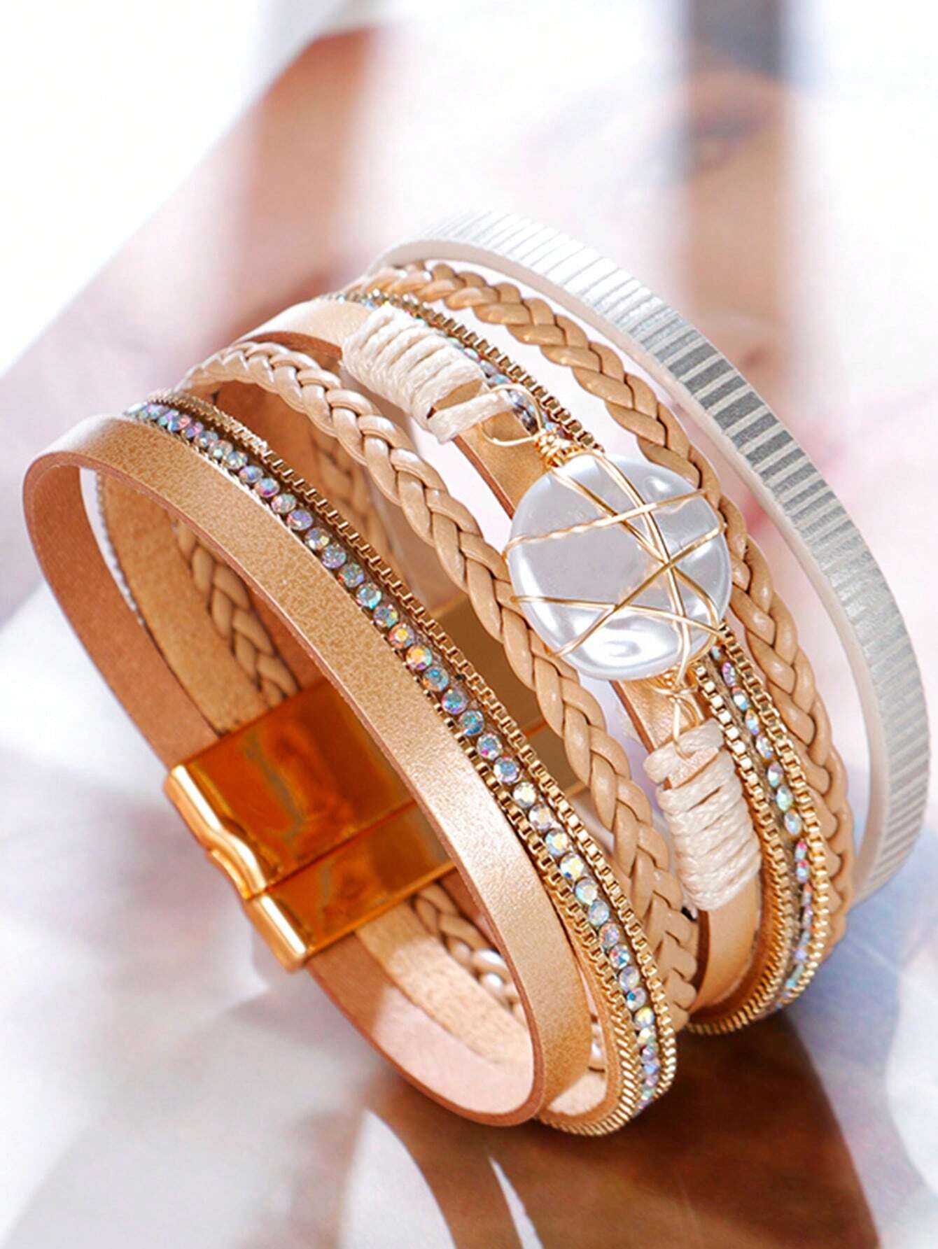 1pc European & American Style Zinc Alloy & PU Leather Handmade Braided Khaki Bracelet - Image 3