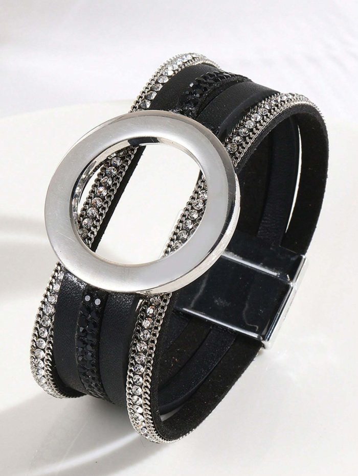 1pc Oversized Black PU Leather Magnetic Bracelet