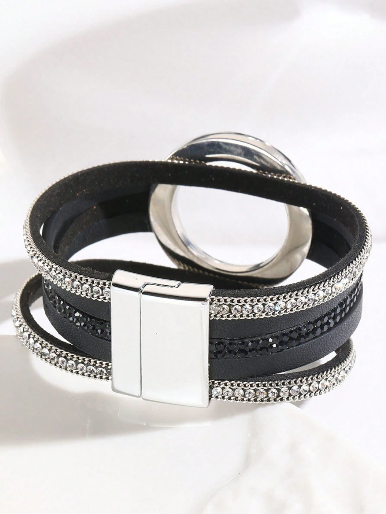 1pc Oversized Black PU Leather Magnetic Bracelet - Image 2