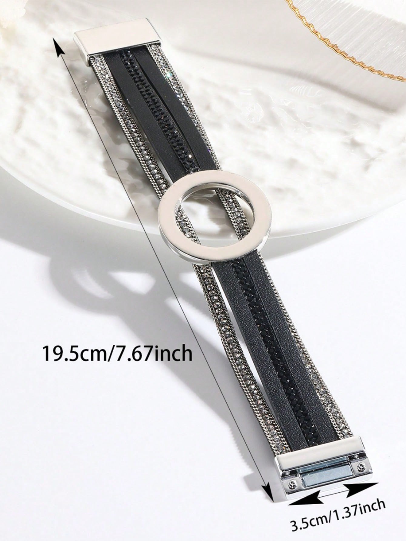 1pc Oversized Black PU Leather Magnetic Bracelet - Image 3