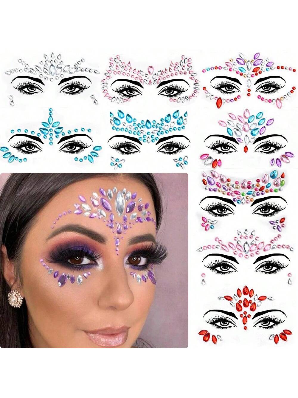5 Sets Face Jewels Stickers Face Gems Glitter Mermaid Face Crystal Mix Styles Face Jewels Crystal Stickers Set - Image 2