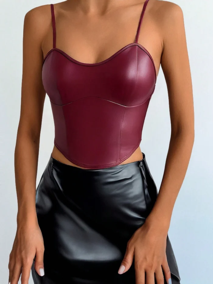 Firerie New Stylish Elegant Sexy Hot Girl Streetwear Party Spandex Faux Leather Burgundy  Autumn/Winter