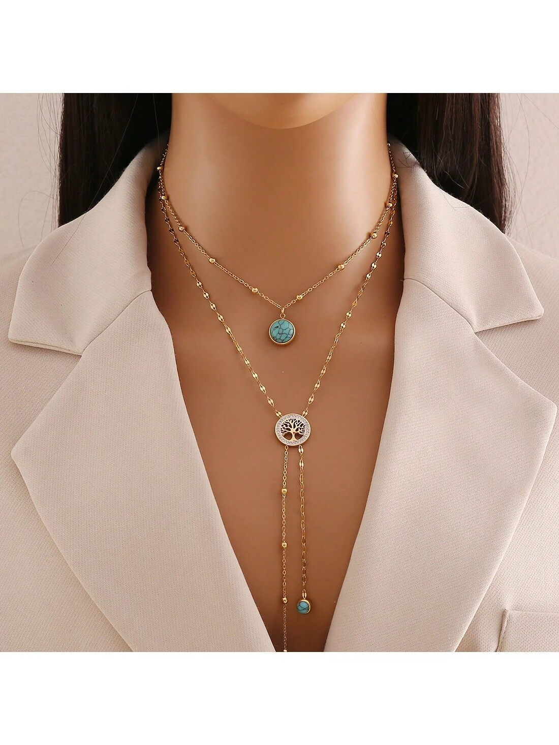 Freegrow 1pc Turquoise Stone & Tree Of Life Design Stainless Steel Double Layered Chain