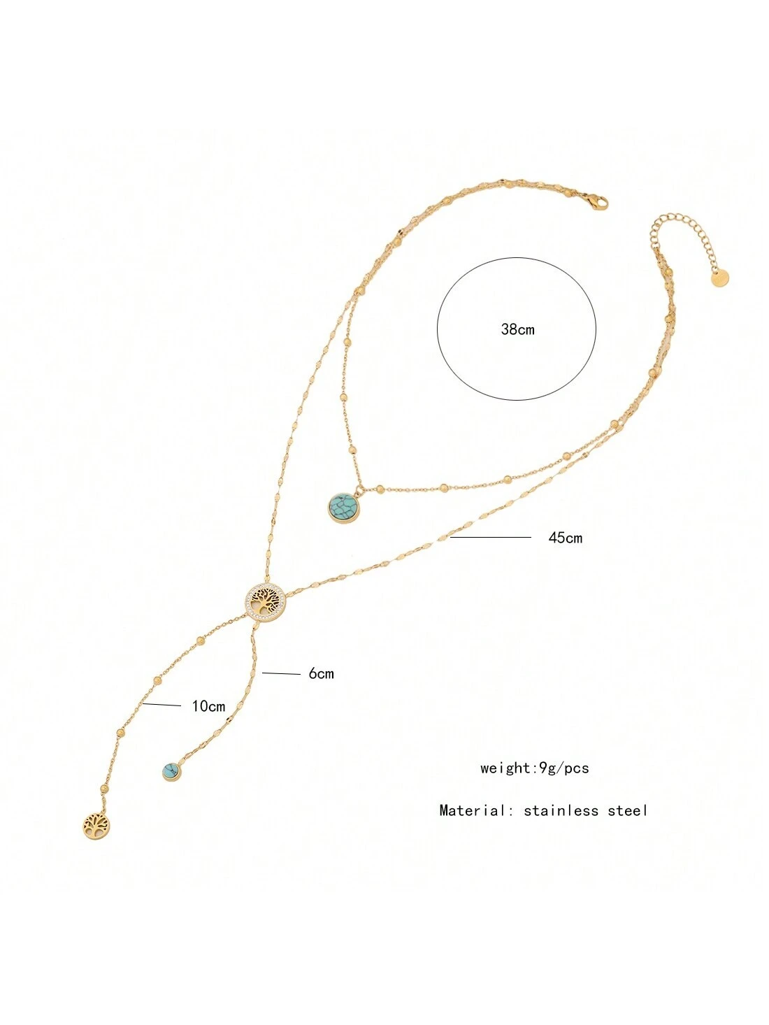 Freegrow 1pc Turquoise Stone & Tree Of Life Design Stainless Steel Double Layered Chain - Image 2
