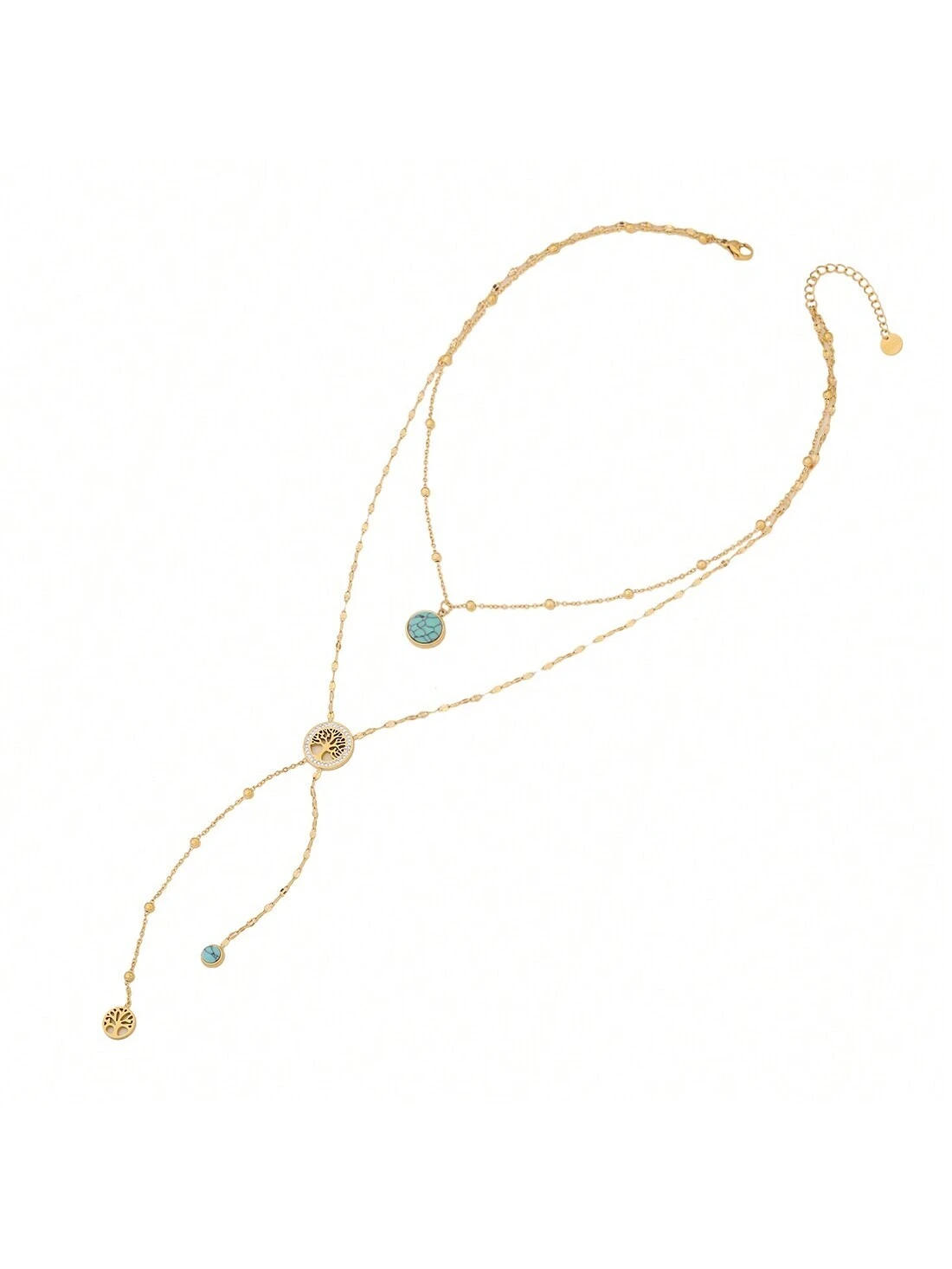 Freegrow 1pc Turquoise Stone & Tree Of Life Design Stainless Steel Double Layered Chain - Image 3