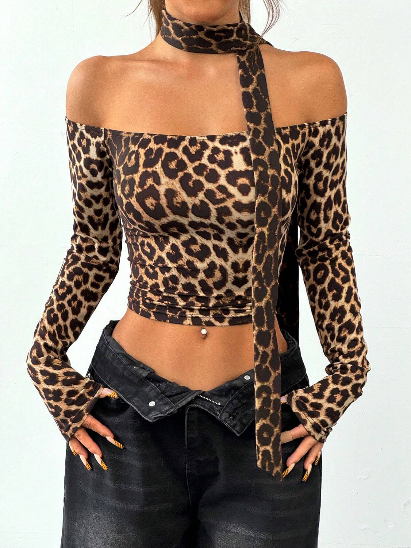 SHEIN EZwear Women Off Shoulder Long Sleeve Trendy Slim Elegant Charming Leopard Print T-Shirt - Image 3