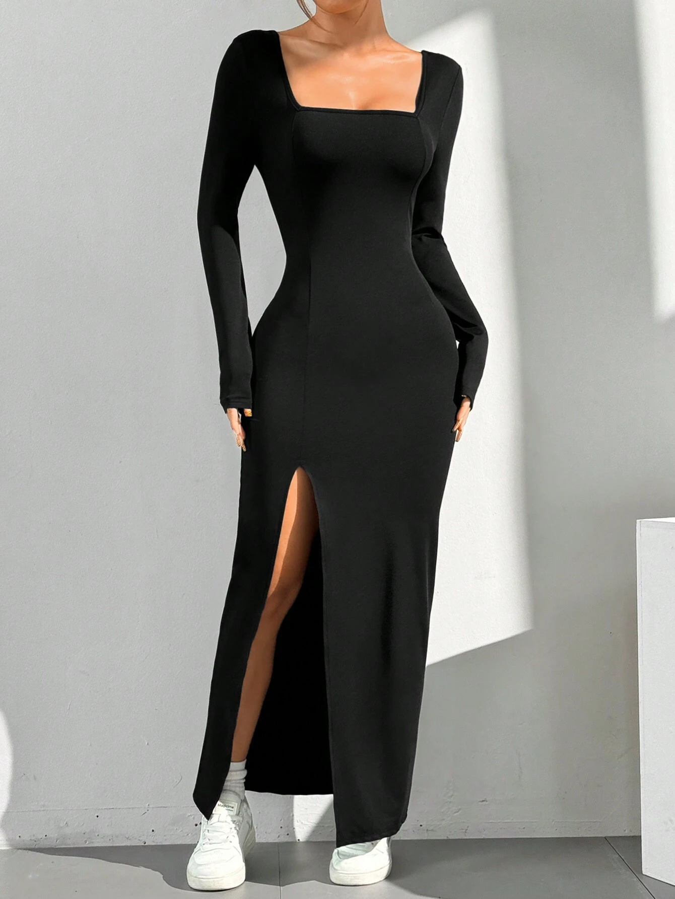 SHEIN EZwear Women's Solid Color Long Sleeve Square Collar Split Hem Casual Dress