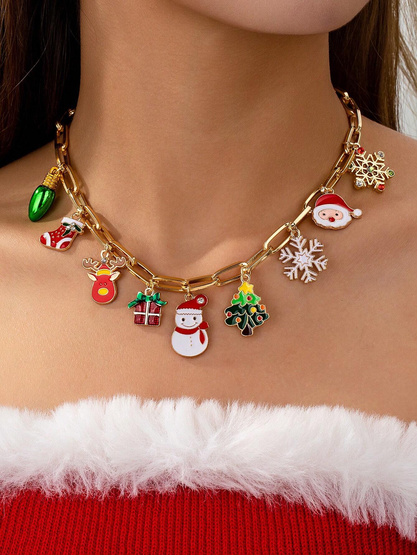 1 Pc Christmas Charms Necklace , Christmas Tree Snowflake Snowman Santa Charm Necklaces