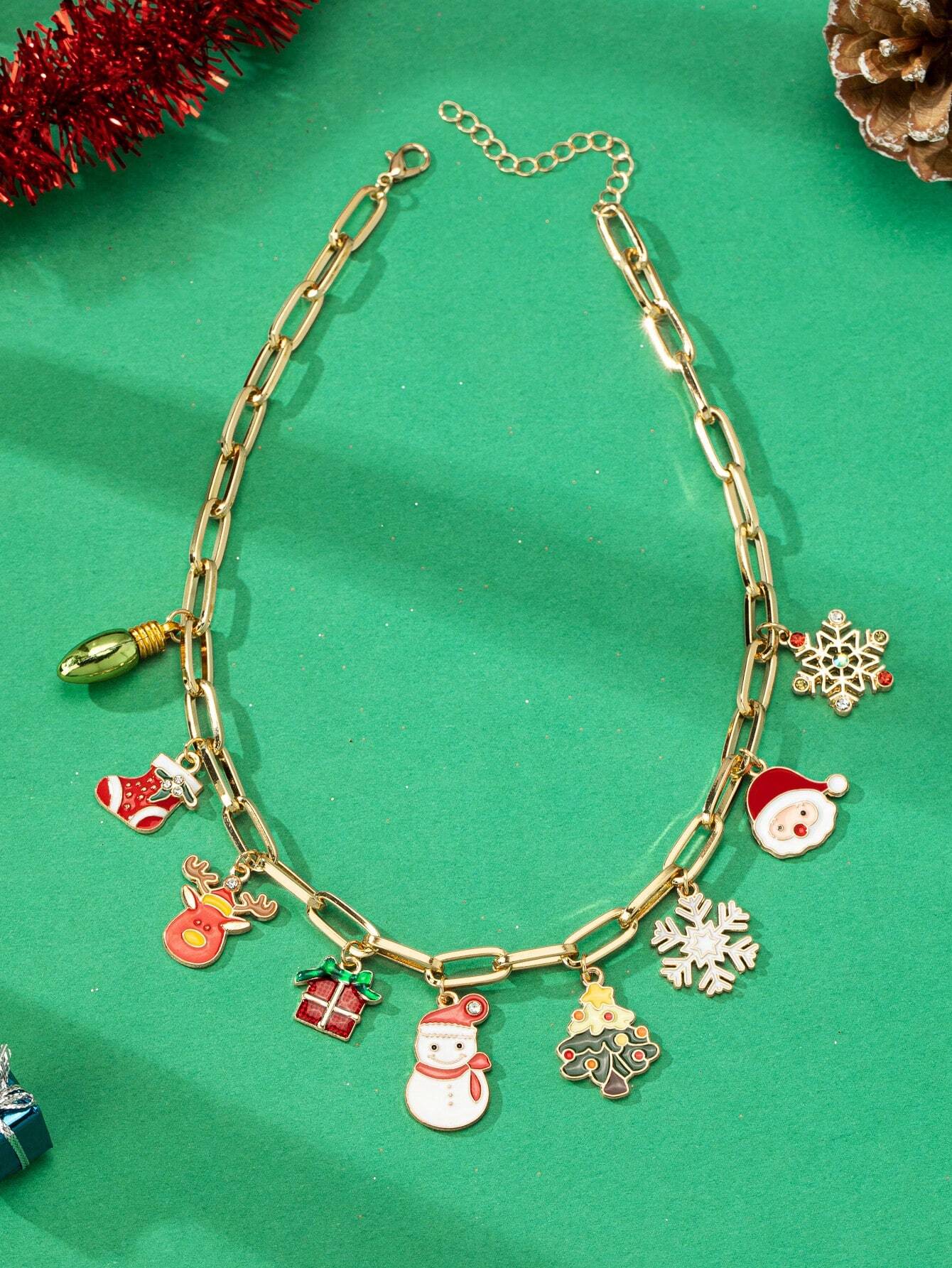 1 Pc Christmas Charms Necklace , Christmas Tree Snowflake Snowman Santa Charm Necklaces - Image 2