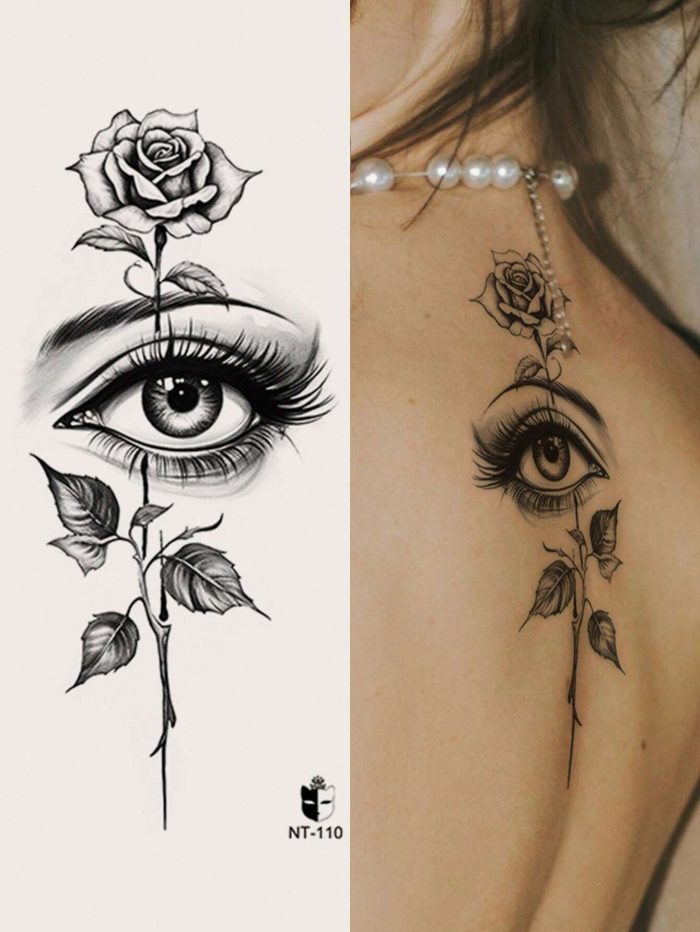 1pc Black Eye Rose Flower Design Small Temporary Tattoo Sticker