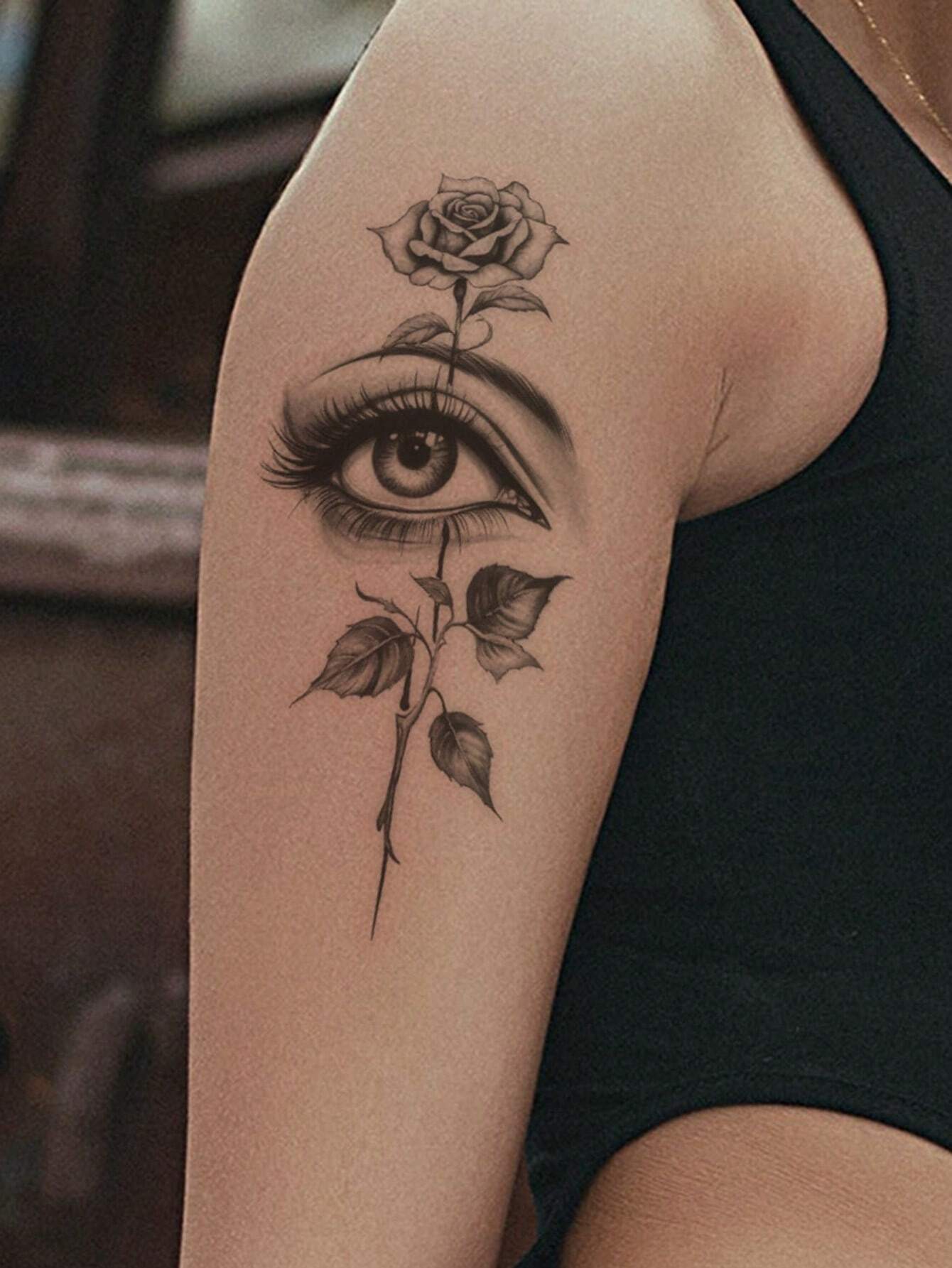 1pc Black Eye Rose Flower Design Small Temporary Tattoo Sticker - Image 2