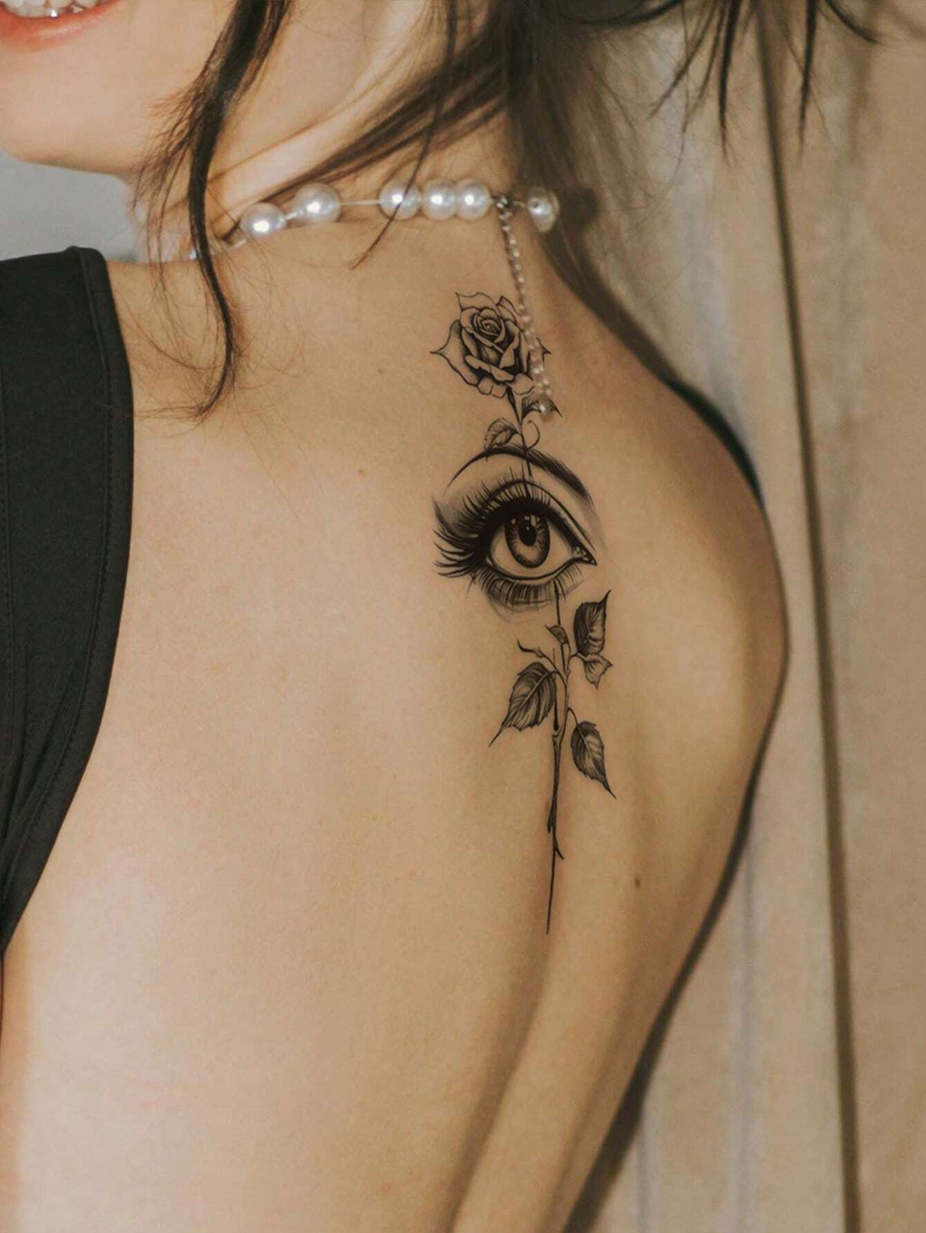 1pc Black Eye Rose Flower Design Small Temporary Tattoo Sticker - Image 3