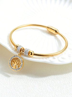 1pc Fashion Stainless Steel Rhinestone & Tree Decor Round Charm Bangle
