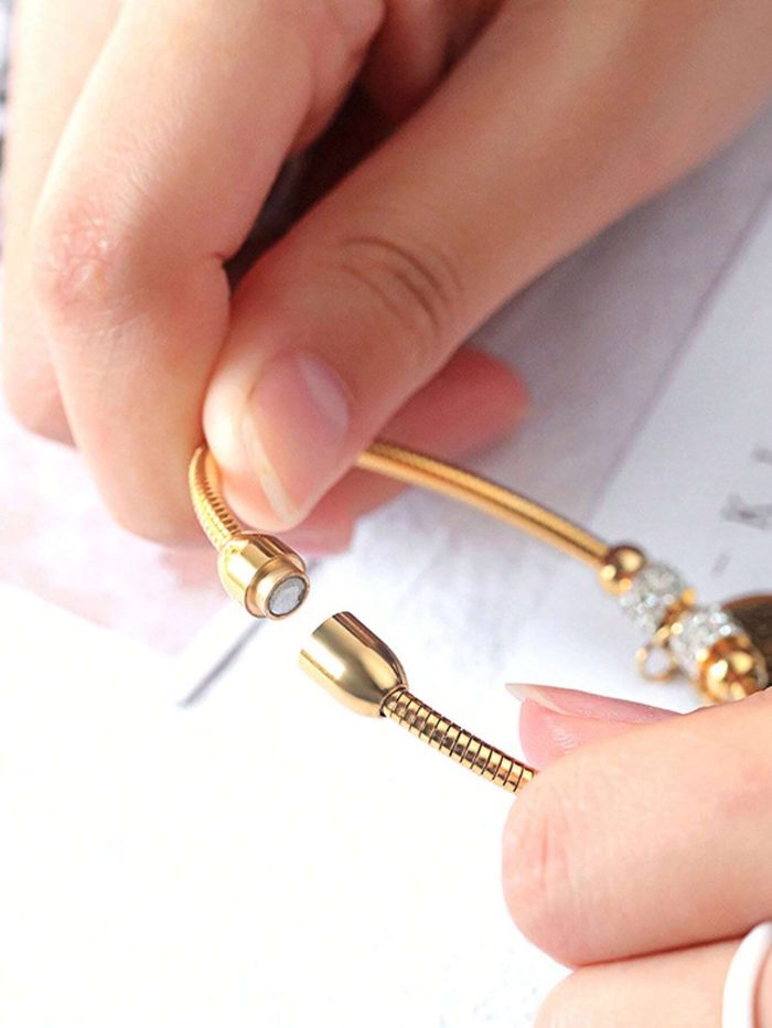 1pc Fashion Stainless Steel Rhinestone & Tree Decor Round Charm Bangle - Image 2