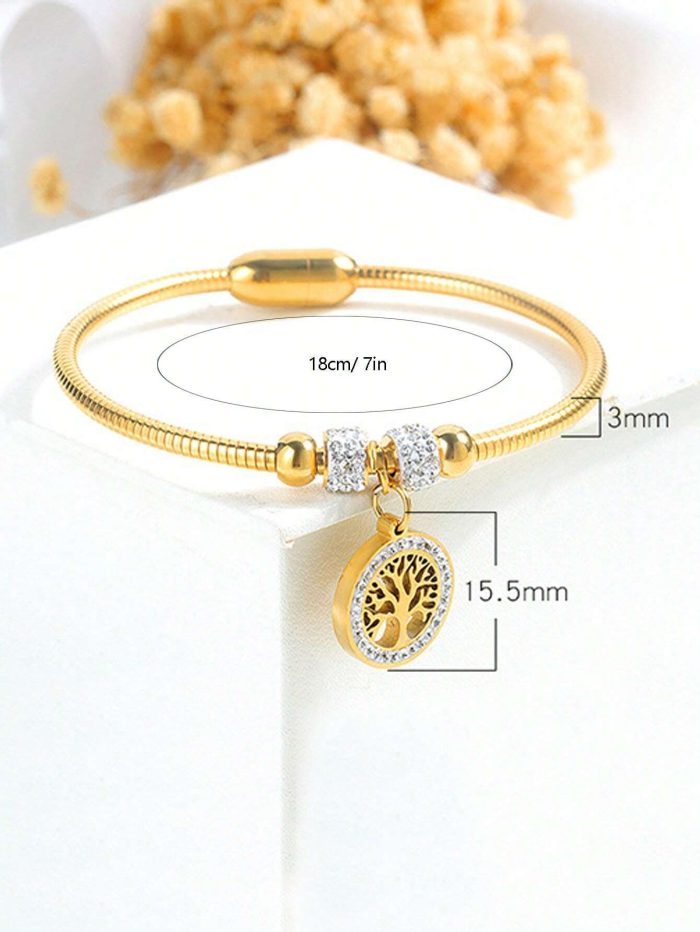 1pc Fashion Stainless Steel Rhinestone & Tree Decor Round Charm Bangle - Image 3