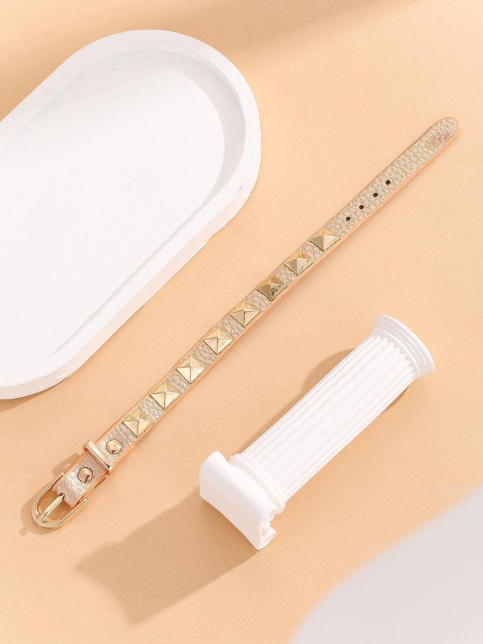 1pc Women's Rocker Pu Leather Triangle Rivet Motorcyle Bracelet - Image 2