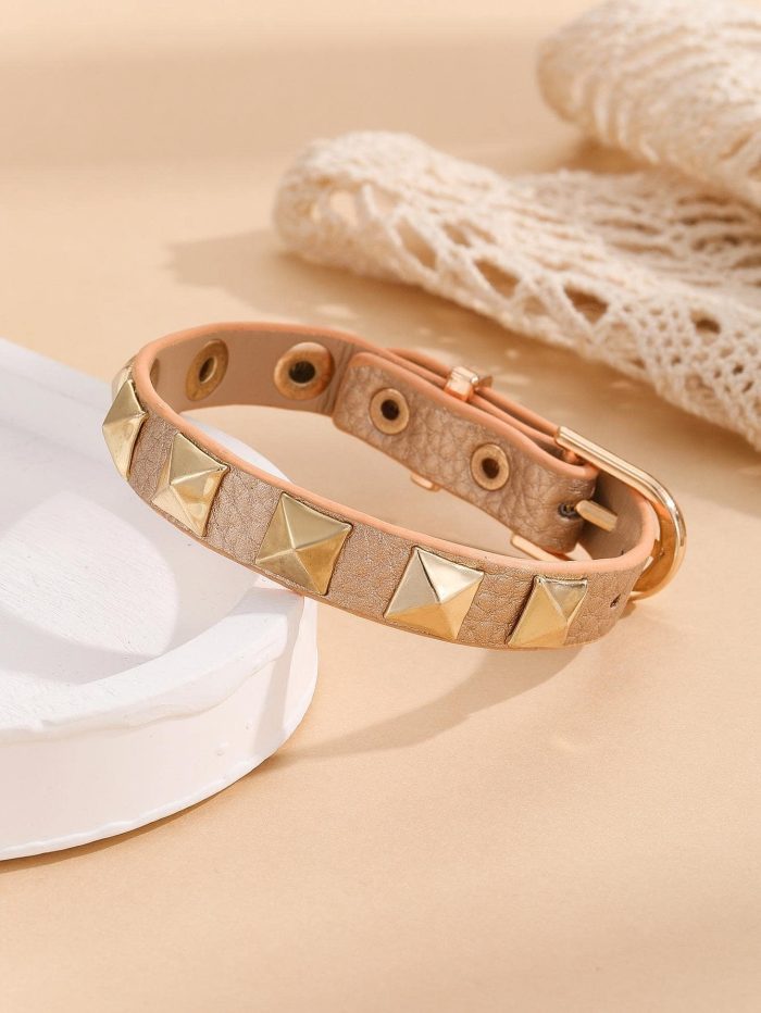1pc Women's Rocker Pu Leather Triangle Rivet Motorcyle Bracelet - Image 4