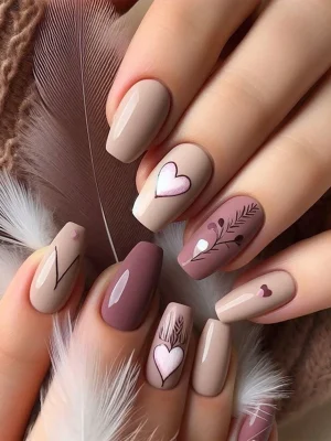 24 Pieces Of Long T-Shaped Press On Nails With Heart-Shaped Pattern Fake Nail