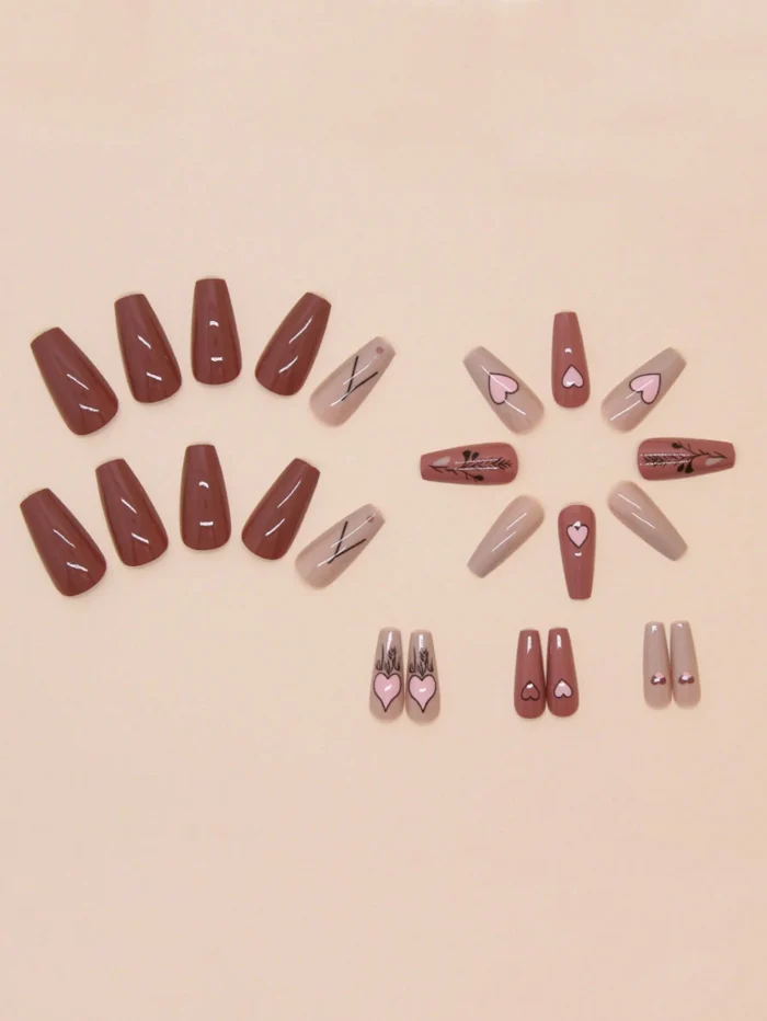 24 Pieces Of Long T-Shaped Press On Nails With Heart-Shaped Pattern Fake Nail - Image 3
