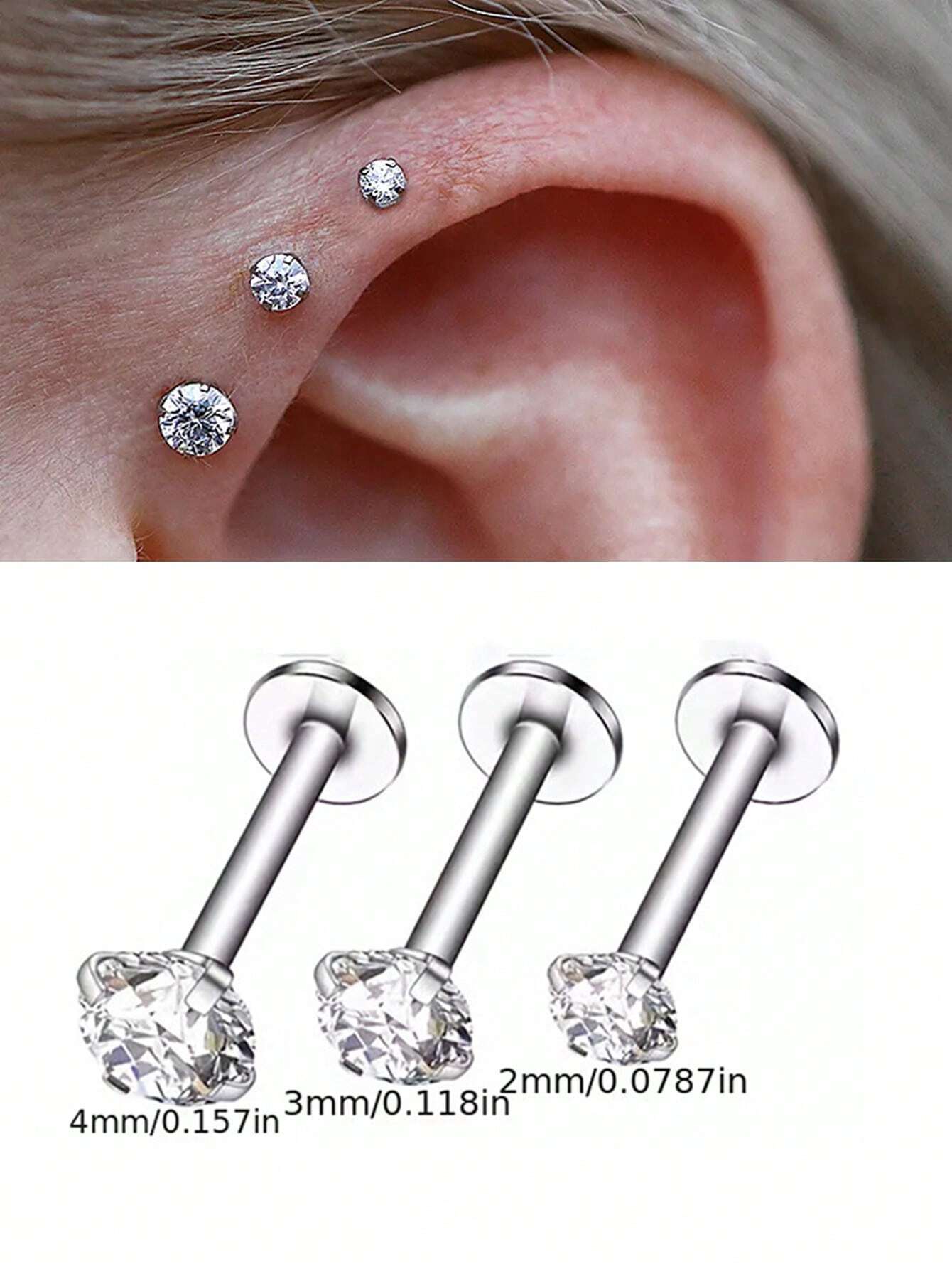 3pcs CZ Stud Earrings For Women Labret Stud Lip Piercing Stainless Steel