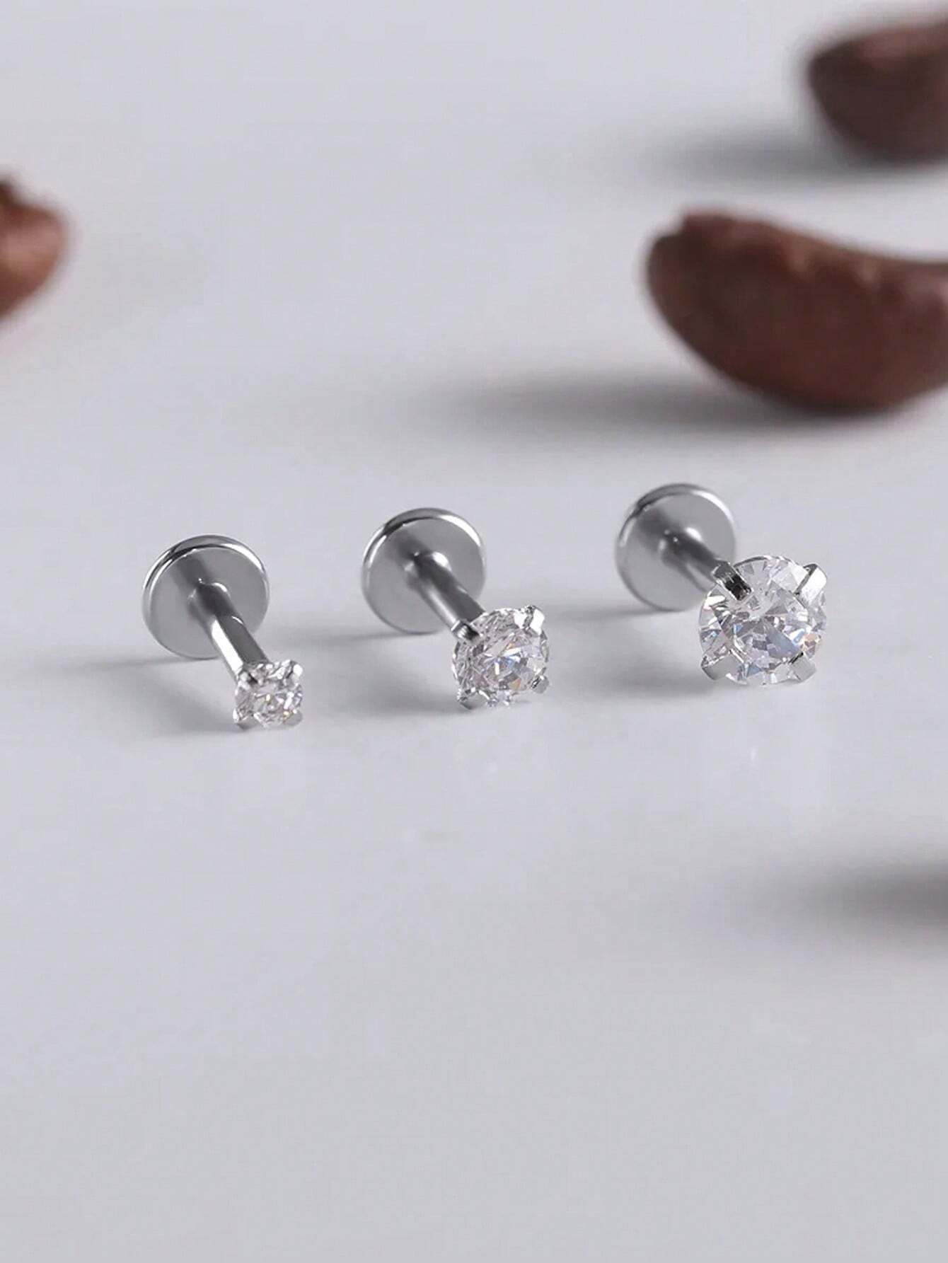 3pcs CZ Stud Earrings For Women Labret Stud Lip Piercing Stainless Steel - Image 2