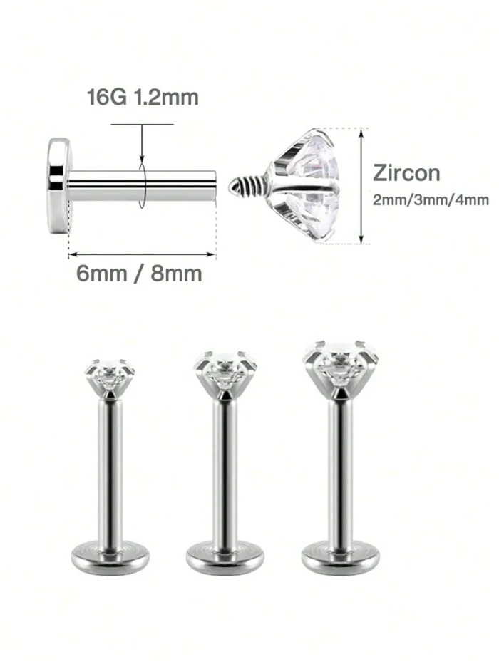 3pcs CZ Stud Earrings For Women Labret Stud Lip Piercing Stainless Steel - Image 3
