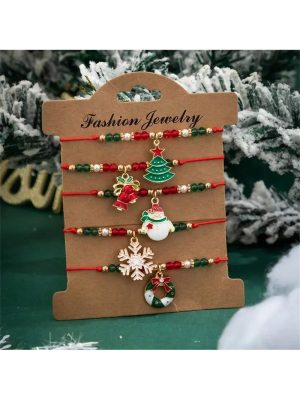 5pcs Christmas Santa Claus & Snowflake Shaped Pendant Braided Bracelet