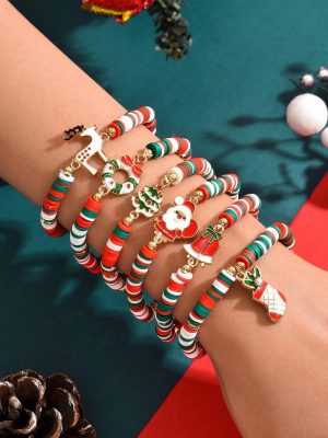 6pcs/Set Reindeer, Santa Claus, Christmas Tree Soft Ceramic Decorative Bracelet