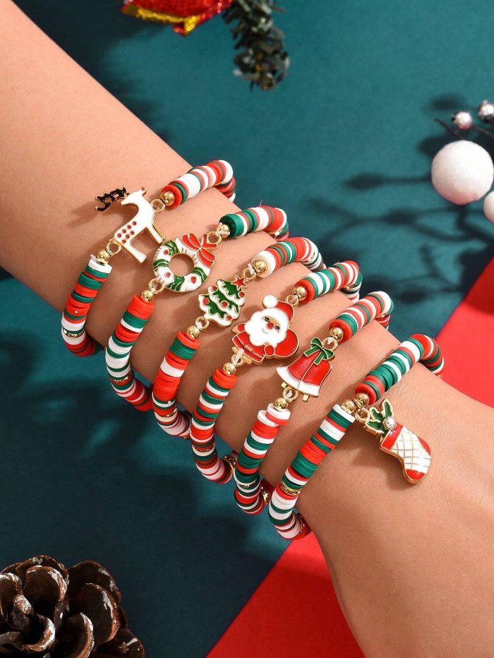 6pcs/Set Reindeer, Santa Claus, Christmas Tree Soft Ceramic Decorative Bracelet