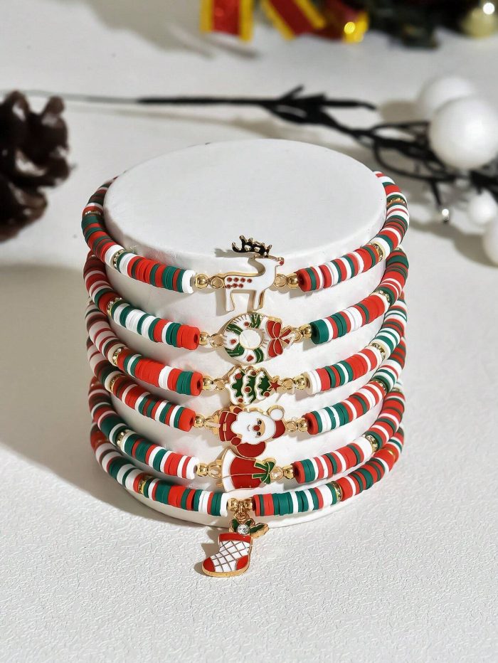 6pcs/Set Reindeer, Santa Claus, Christmas Tree Soft Ceramic Decorative Bracelet - Image 2